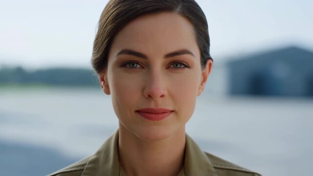 Adult woman maintains direct eye contact and faint closed-mouth smile in centered close-up outdoor portrait, with brown hair, olive collared shirt, and softly blurred modern building