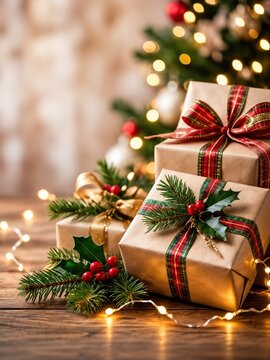 wrapped christmas gift boxes in brown paper with plaid ribbons, pine branches, holly berries and glowing tree lights on wooden table