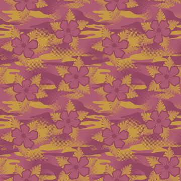 Seamless camouflage pattern with halftone texture and botanical flower