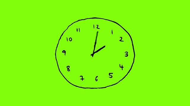 Hand Drawn Clock spinning animation om green screen. watch animation. Clock icon flat style 24 hours day fast speed with moving timer clock. clock animation video. 4k
