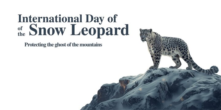 International Day of the Snow Leopard Banner with Leopard Standing on Snowy Mountain Peak
