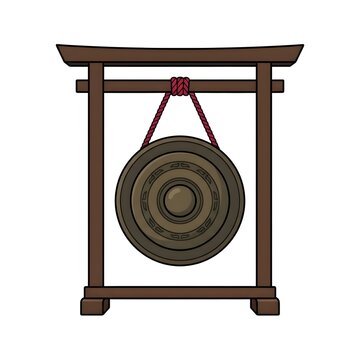 Illustration of a traditional Asian bronze gong hanging on a wooden frame with a red rope. Ideal for cultural, musical, or meditation-themed designs