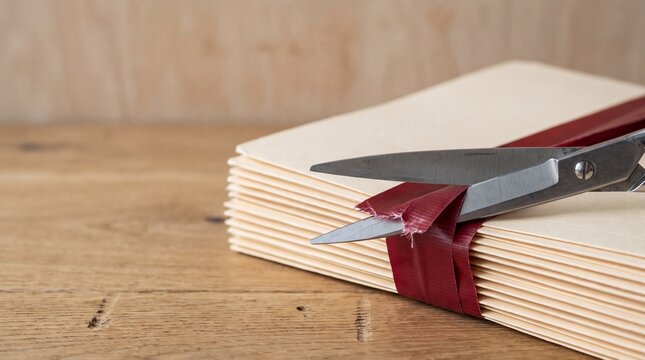 Scissors cutting red tape around document folders, bureaucracy