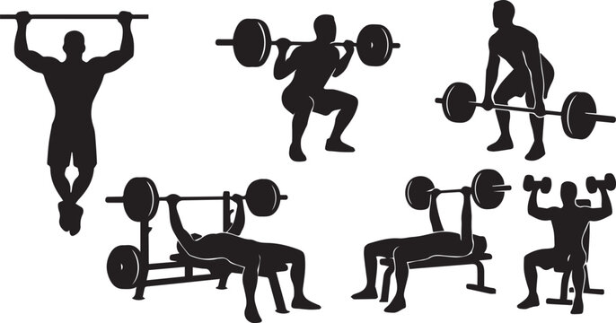 Gym bodybuilding training silhouettes set on transparent background for heavy weight lifting guide designs.