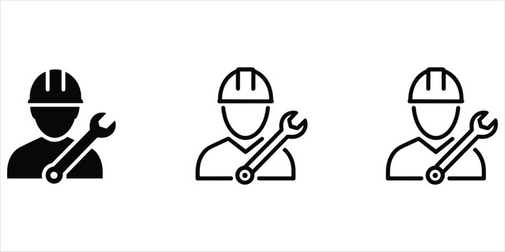 Three black depicting a person in a hard hat holding a wrench, with variations in solid and outline styles, on a white background