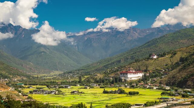 Looking out over the city of Paro in Bhutan. The Rinpung Dzong can be seen. Time Lapse.