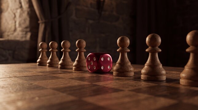 Red dice among chess pawns on board, game changer disruption