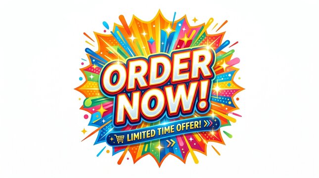 Colorful promotional &ldquo;ORDER NOW&rdquo; sign with dynamic burst background