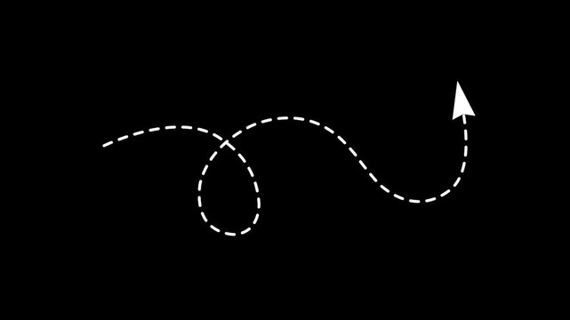 White curved dashed arrow animation, dotted loop pointer graphic, isolated video overlay element   