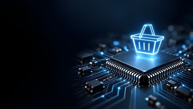 Glowing neon shopping basket hologram on a digital microchip representing ecommerce infrastructure and electronic retail transactions