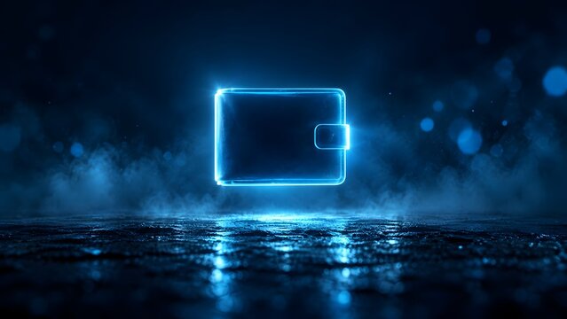 Glowing blue holographic digital wallet floating over a dark wet surface representing secure electronic payment and cryptocurrency