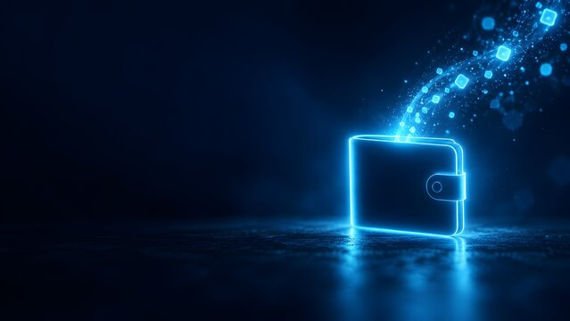 Glowing neon blue digital wallet emitting a stream of digital data particles representing electronic money transfer and cryptocurrency