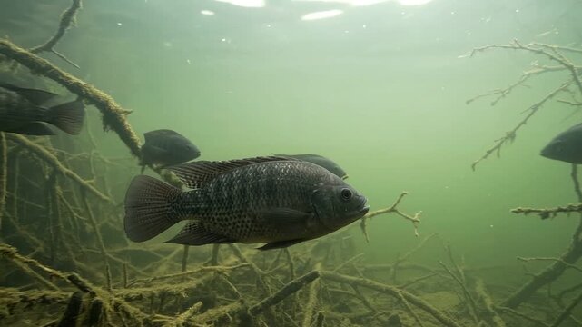Blackfish underwater freshwater fish submerged branches and tree roots in green water with soft light tranquil calm mood entangled lake scene