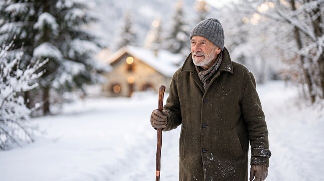 Elderly man with walking stick in snow, Older man walking with stick on snowy forest path near wooden cabin  