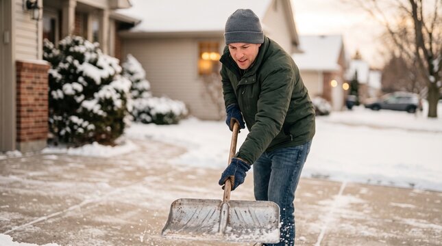 Shovel scraping driveway, Adult man shoveling snow on suburban driveway during winter morning  