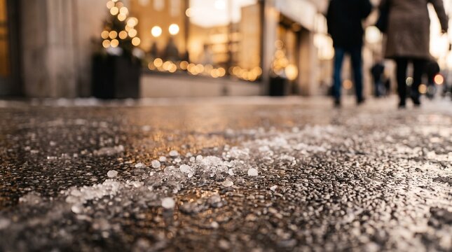 sleet on pavement, Icy city sidewalk with people walking in winter near festive shop windows  