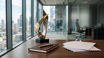 Plakat Executive award trophy on a modern office desk with city view
