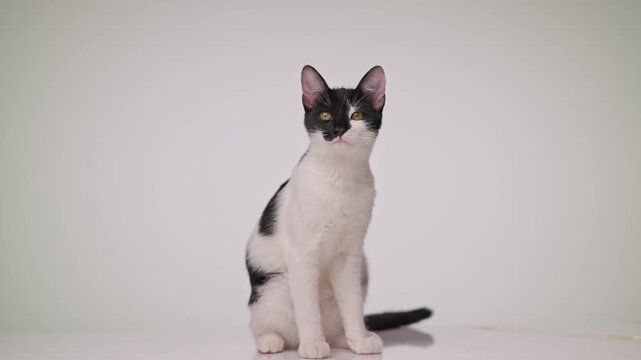 Adorable black white kitten sitting meowing licking lips grooming chest looking forward on white background