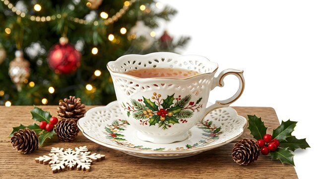 Festive christmas teacup with holly pattern on a wooden table with pinecones and snowflake
