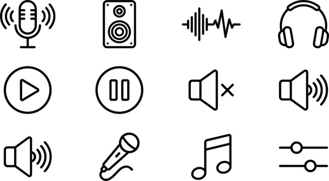 Audio and sound control interface linear pictograms set with music note headphones speaker and microphone elements