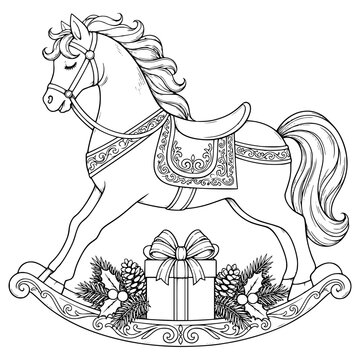 Christmas Toy Horse Line Art Illustration
