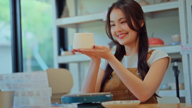 Happy young Asian woman proudly showing handmade ceramic cup in pottery workshop, smiling female artist admiring her finished clay creation, creative hobby, craftsmanship.