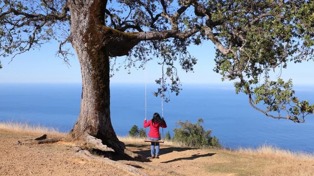 Asian woman swinging on a tree swing overlooking the Pacific Ocean in the central coast of California.