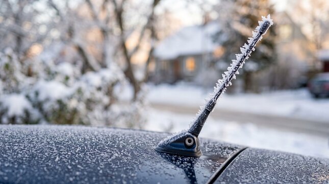 Car antenna with frost, Car antenna covered with frost on a winter morning in residential area  