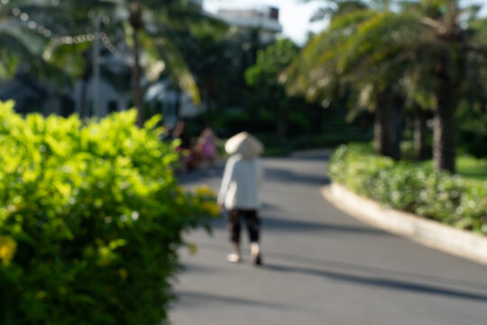 Soft-focus view of a person wearing a traditional Vietnamese conical hat walking along a paved path lined with green bushes and palm trees in a tropical resort garden.