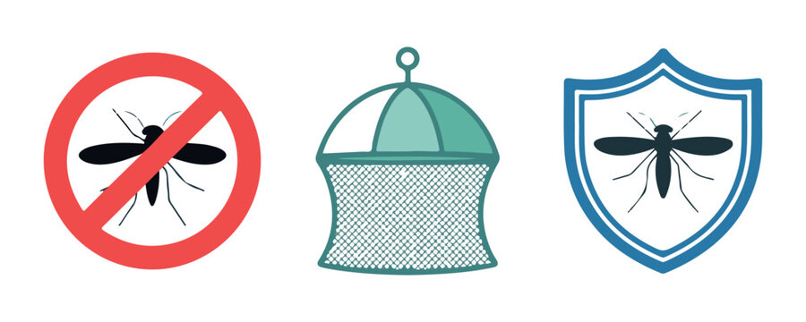 Mosquito defense symbols featuring warning sign protective dome net and shield icons for pest control brand.