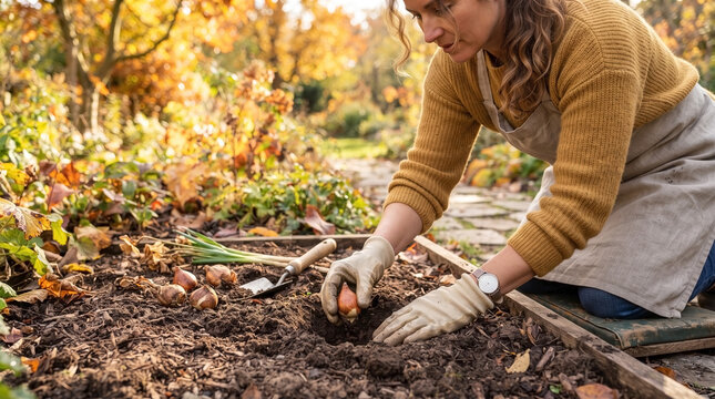 Hands planting bulbs in autumn soil with a gardener crouching in vegetable garden surrounded by colorful leaves. Planting bulbs in vegetable garden showcases gardening skills and autumn preparation.