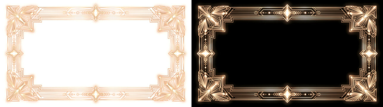 Art deco frame with golden geometric lines and glowing diamond ornaments for luxury invitations in PNG, Transparent and Black Background Versions