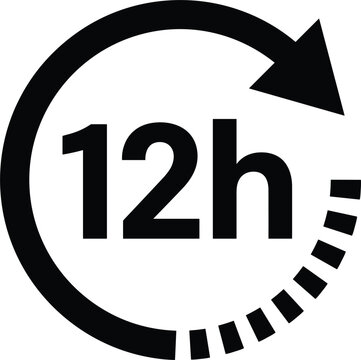 Black twelve hours turn around time icon with circular arrow representing service duration delivery speed and countdown clock