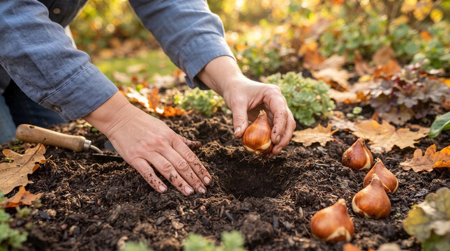 Hands planting tulip bulbs in rich autumn soil surrounded by colorful leaves. Planting process involves digging holes for bulbs and placing them carefully to ensure healthy growth.