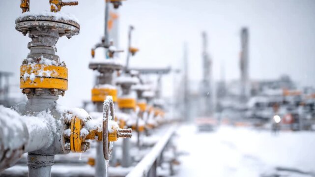 Close-up of snow-covered pipes and valves at a factory, snowfall. Concept for the oil and gas industry in winter conditions