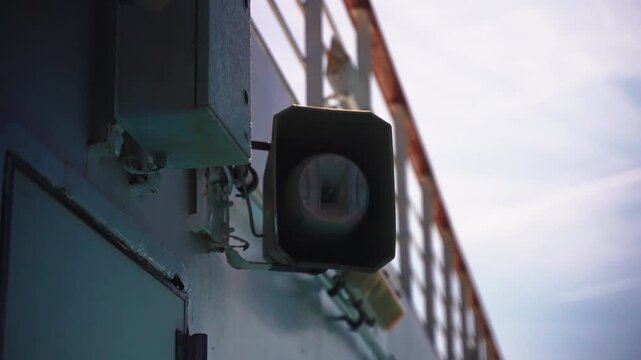 Weathered horn loudspeaker and junction box on a ship bulkhead
