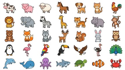 Fototapeta premium Set of cute cartoon animal stickers featuring various wild and domestic creatures arranged in a grid on white background