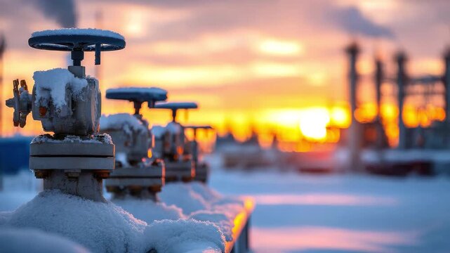 A snow-covered industrial valve and pipes emitting smoke on a winter morning, with a factory in the background. Concept of frost resistance, oil and gas infrastructure