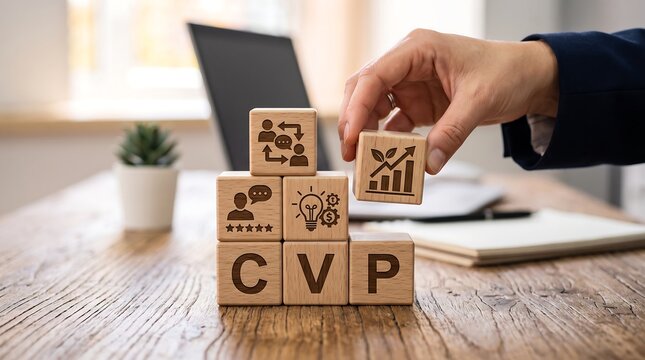 Strategic business value proposition concept, CVP wooden blocks, hand stacking growth icons, corporate strategy and marketing success, professional development and investment planning