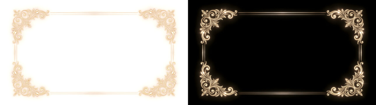 Baroque rectangle frame with golden acanthus scroll corners and thin double lines for elegant invitations in PNG, Transparent and Black Background Versions