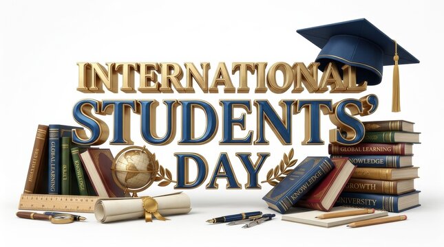 Decorative text for international students day featuring a graduation cap and a stack of vintage books on white background