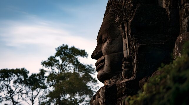 A serene stone face sculpture of a temple  framed by trees and sky  evoking ancient spiritual calmness