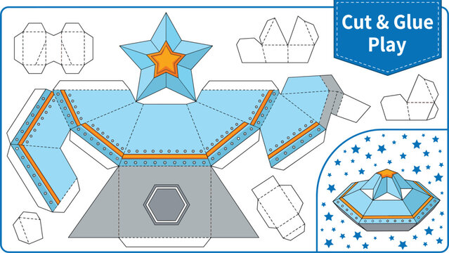 Cut and glue educational activity template for kids making paper spaceship ufo toy craft worksheet vector illustration