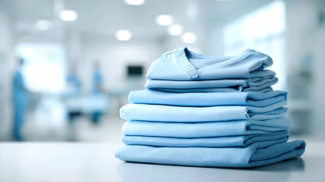 A stack of folded blue medical gowns on a table in a modern clinic. Concept of healthcare, sterility, and hygiene