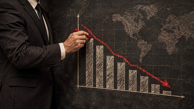 Businessman drawing a red declining financial bar chart on a dark black board showing business loss