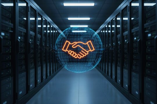 Digital handshake icon floating in a modern server room data center
