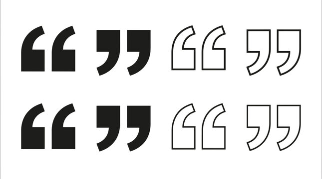 Double quotation mark icon set with solid black and linear speech signs for citations dialogues messages and text formatting