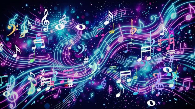 Musical abstract  treble clef spinning turning music notes audio pulse beats 10 seconds animation screensaver visualiser motion graphics HD video black background