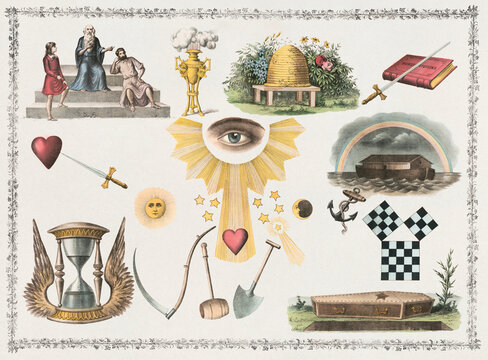 Collection of vintage Masonic symbols including All Seeing Eye, beehive, winged hourglass, ark and coffin