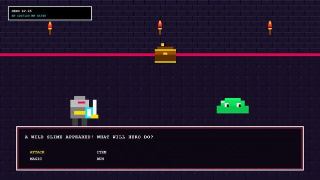 Pixel Art RPG Battle Screen Animation with Hero and Slime Monster